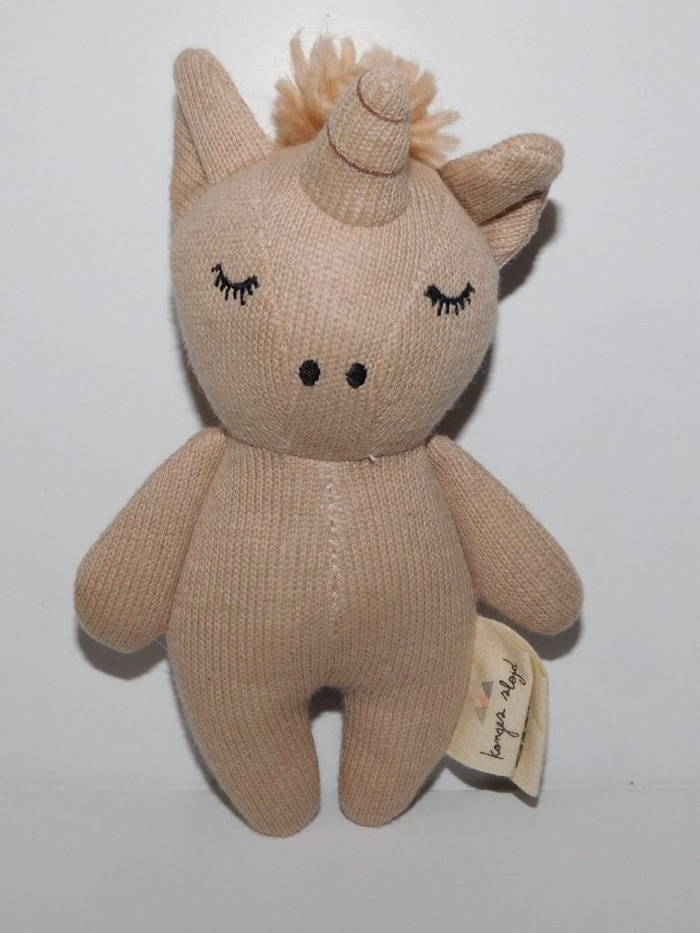 konges sloejd Brown Tan stuffed Knit Mini Unicorn Rattle Baby Lovey 6" Toy